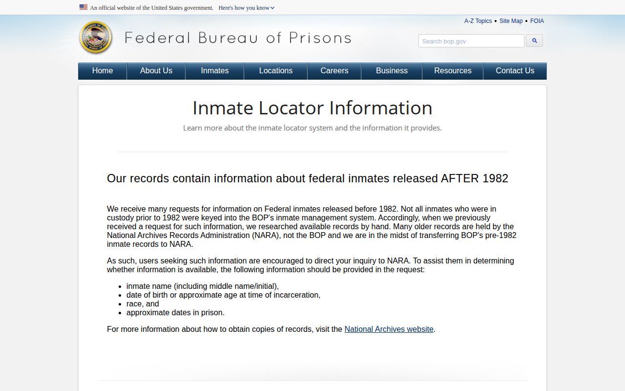 BOP explanation of released federal inmate records for Cherokee County searches