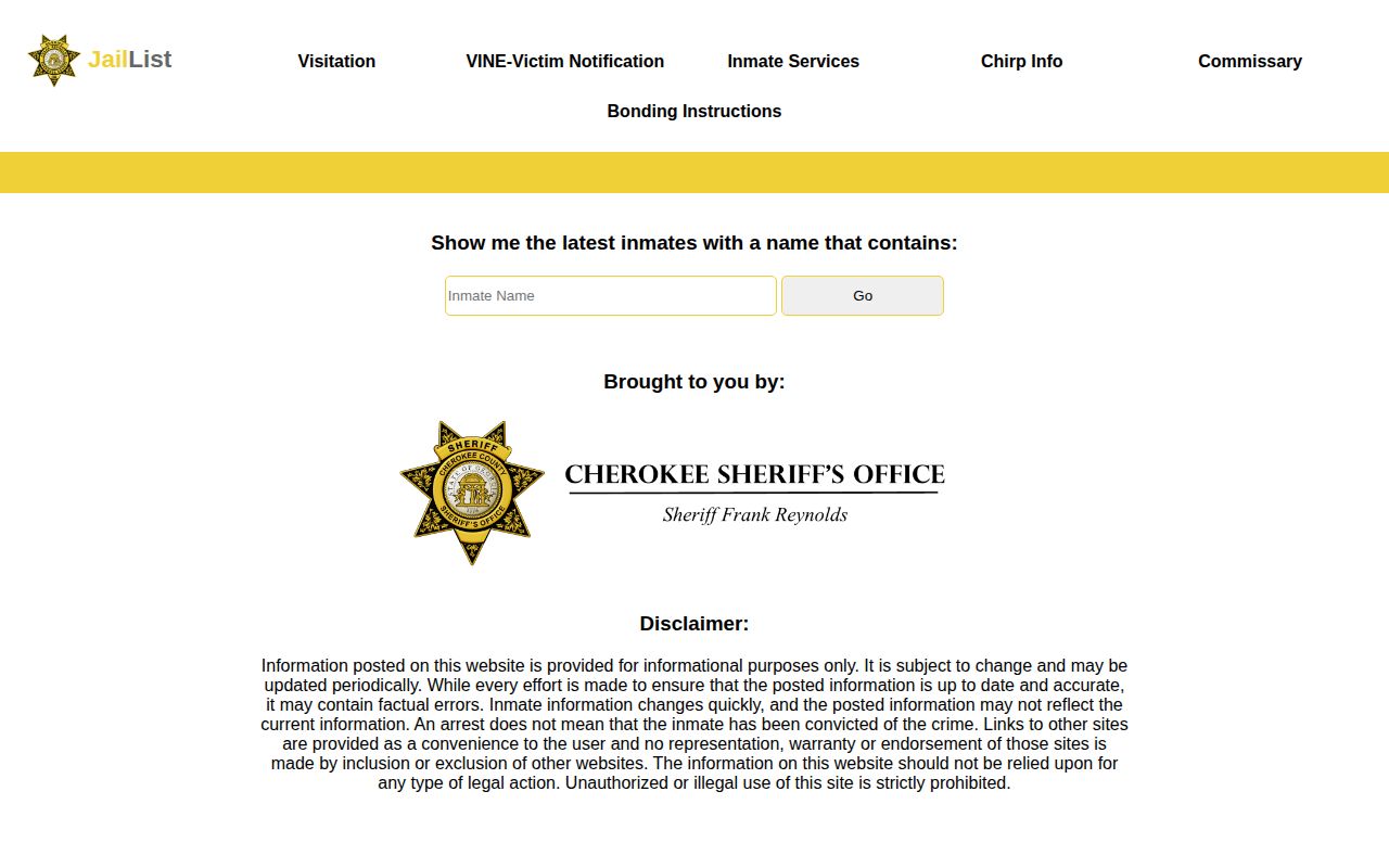 Official Cherokee County Jail List name search page
