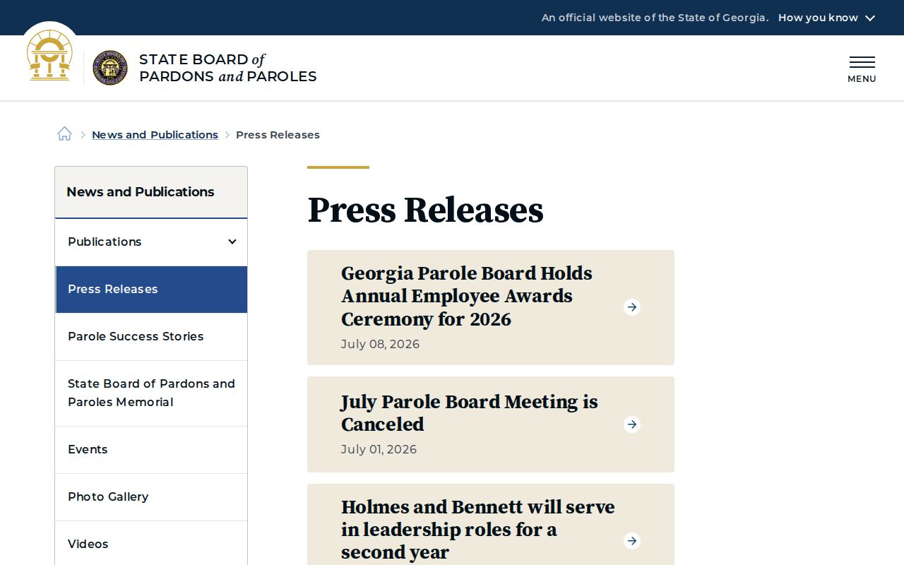 Georgia Parole Board meeting notices for Cherokee County parole release records